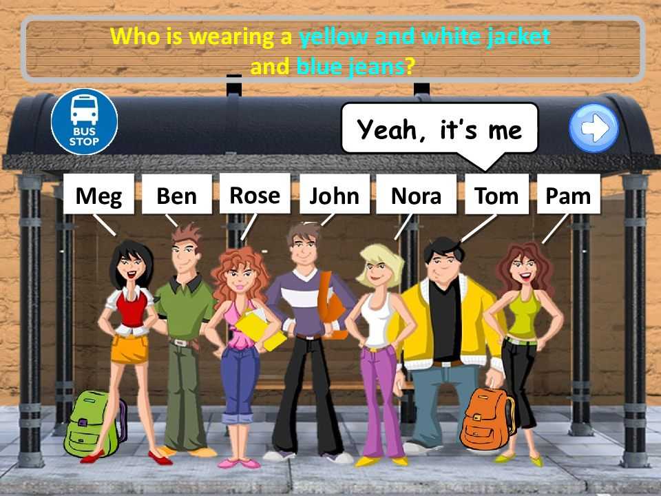 What they like wear. Describing people clothes. Who is who. Pictures to describe clothes. Who is White.